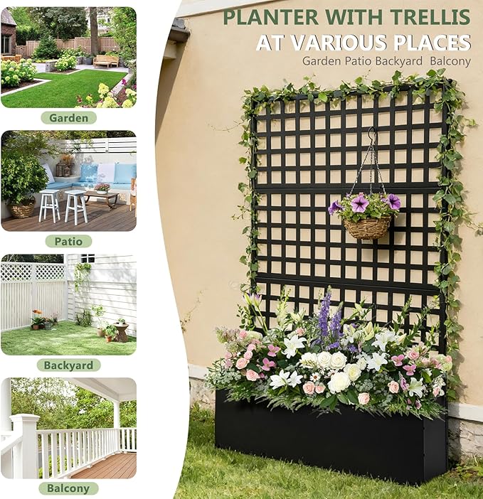 Metal Privacy Planter Box with Trellis Raised Garden Bed Privacy Screen with Drainage Holes Outdoor Metal Planter Box for Climbing Plants Patio &amp Garden 70 x 46 x 12 Black (1)