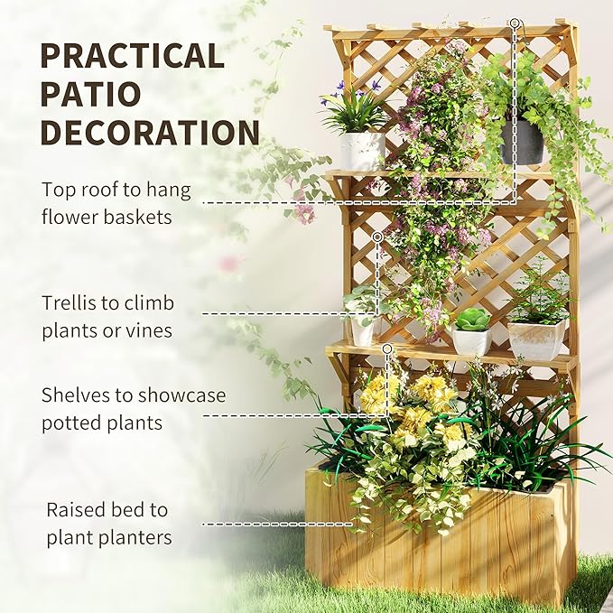Outsunny Wooden Planter with Trellis Raised Garden Bed with Hanging Roof Plant Shelf Drainage Holes and Bed Liner for Climbing Plants Vegetables Flowers 30 x 13 x 70 Natural
