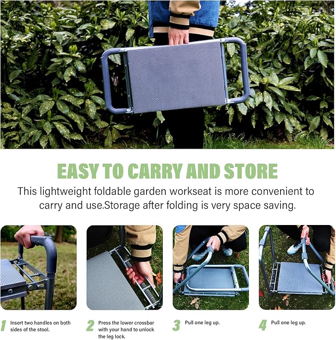 BESTHLS Garden Kneeler and Seat - Heavy Duty Folding Stool with Thick Pad Tool Pouches &amp Bag 330 lbs Capacity - Knee &amp Back Support Perfect for Seniors Women Men
