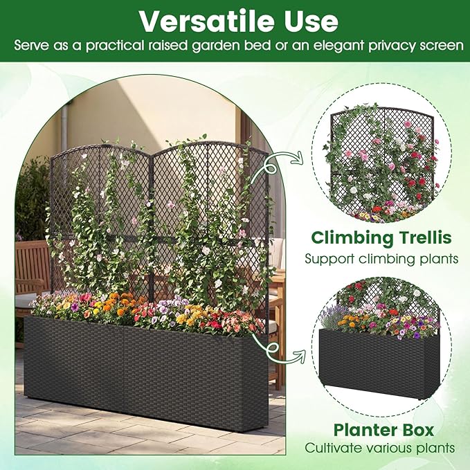 Byroce Raised Garden Bed PE Rattan Planter Box with Lattice Trellis Liner &amp Drainage Outdoor Standing Privacy Planter for Patio Balcony Climbing Plants &amp Hanging Flower (1 Black 40” x 11”
