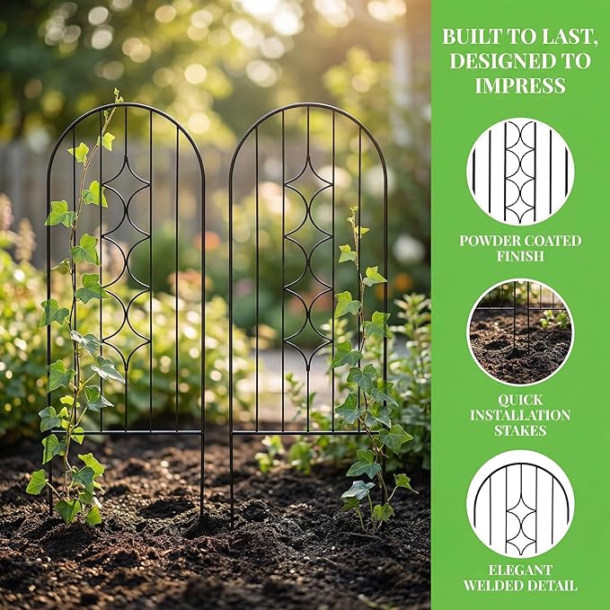 4 Pack Arched Metal Garden Trellis for Climbing Plants 45 H x 15.9 W Rustproof Iron Trellis with Decorative Scrollwork Perfect for Roses Vines and Flower Beds