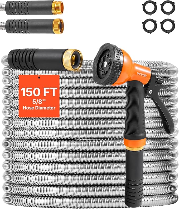 VEVOR Garden Hose Metal 150 ft Rust Proof Stainless Steel Water Hose Heavy Duty Backyard Hose with 10 Function Nozzle No-Kink &amp Flexible Water Pipe Lightweight Metal Hose for Yard Outdoor