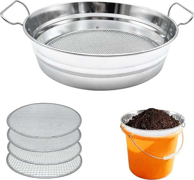 Soil Sifter for Gardening with Handles Rock Sifter Fits 5 Gallon Bucket with 4 Replaceable Screens Compost Sifter Dirt Sifter Captures Dirt Rocks Sawdust