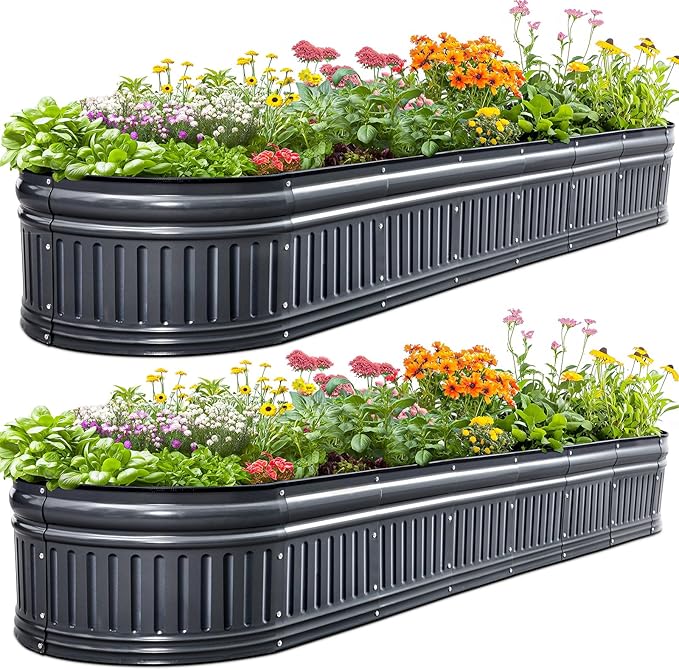 KING BIRD Raised Garden Bed Kit 2025 Upgraded Modular DIY Galvanized Planter Garden Box Outdoor for Gardening Vegetables Flowers Elegant Roman Column Design 94x24x24 in Dark Grey