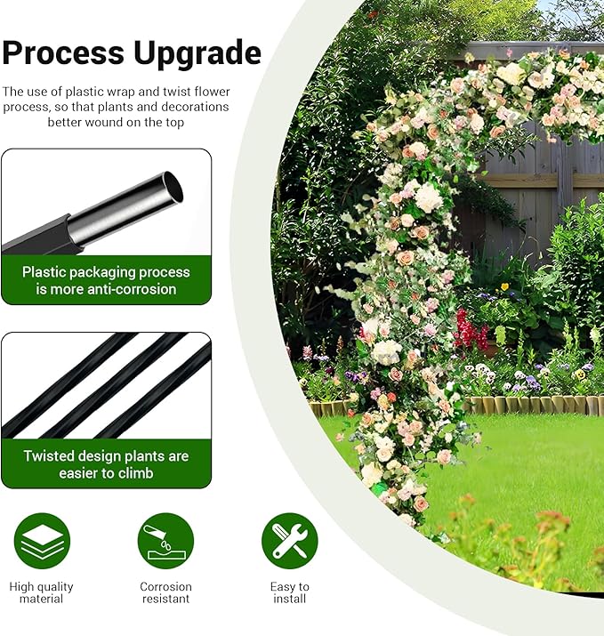 Garden Trellis - 47(L) * 94(H) inch Garden Arch for Climbing Plants Outdoor Thickened Plastic-Wrapped Anti-Rust Technology Suitable for Garden Lawn Wedding Festival Decoration（Black）