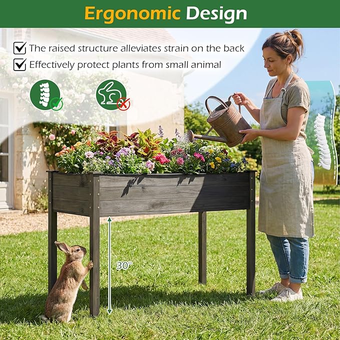 Giantex Wooden Raised Garden Bed Solid Pine Wood Planter Box w/Legs Drainage Holes Black Liner Outdoor Indoor Elevated Planter Box Stand for Patio Garden Lawn Greenhouse 47 x 23 x 30