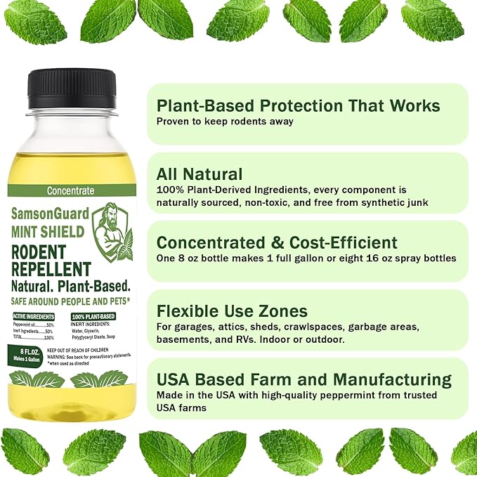 Mint Shield – Plant-Based Rodent Repellent Concentrate – Natural Peppermint Oil Spray for Mice Rats – Makes 1 Gallon – Indoor &amp Outdoor Use