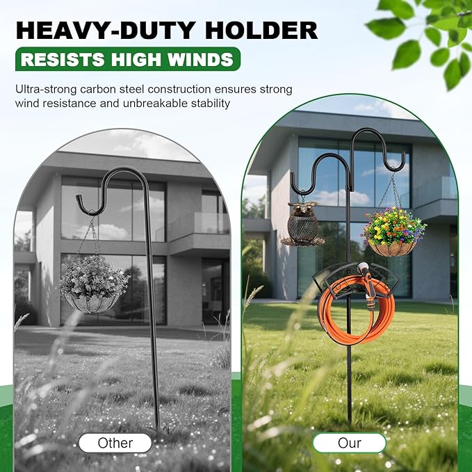 Garden Hose Holder Upgraded Heavy Duty Water Hose Holder Freestanding Hose Stand with 2 Shepherds Hooks Thickened Bird Feeder Pole Detachable Water Pipe Rack Organizer for Outside Yard Lawn