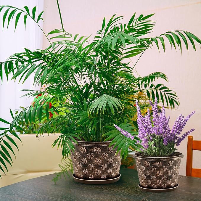 12 Inch Planter Pots for Plants Plastic Large Flower Pots Indoor Outdoor 4 Pack Resin Plant Pot with Drainage &amp Saucer Retro Decorative Garden Pot with Removable Trays for House