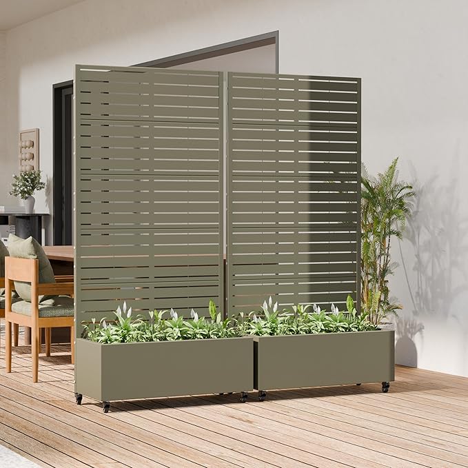 Casaphoria Metal Raised Garden Bed with Trellis and Wheels 72x35x16 Planter Box for Climbing Plants Vegetables &amp Vines Features Drainage Holes and Privacy Screen Green-Louvered