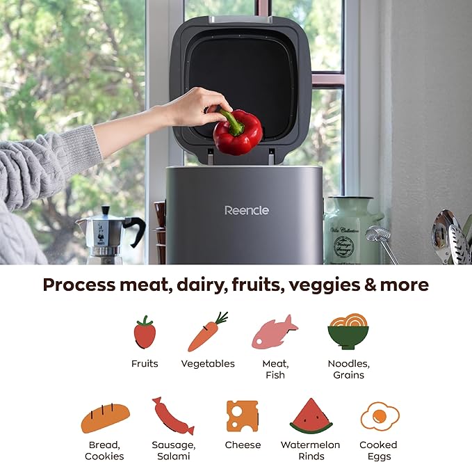 Reencle Prime Electric Composter - 14L Kitchen Composter Decomposes Up to 2.2 lbs Food Waste Daily Odorless Indoor Composting with Whisper-Quiet Technology &amp Rapid Decomposition (Silver)