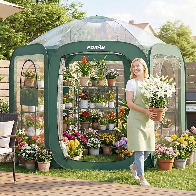 Porayhut Pop up Greenhouse TentPortable Large Walk-in Plant House 10’X10’ Indoor Outdoor Gardening Plant Sunshine Room with PVC Mesh Cloth Cover for Protecting Plant from Cold Frost &amp Birds