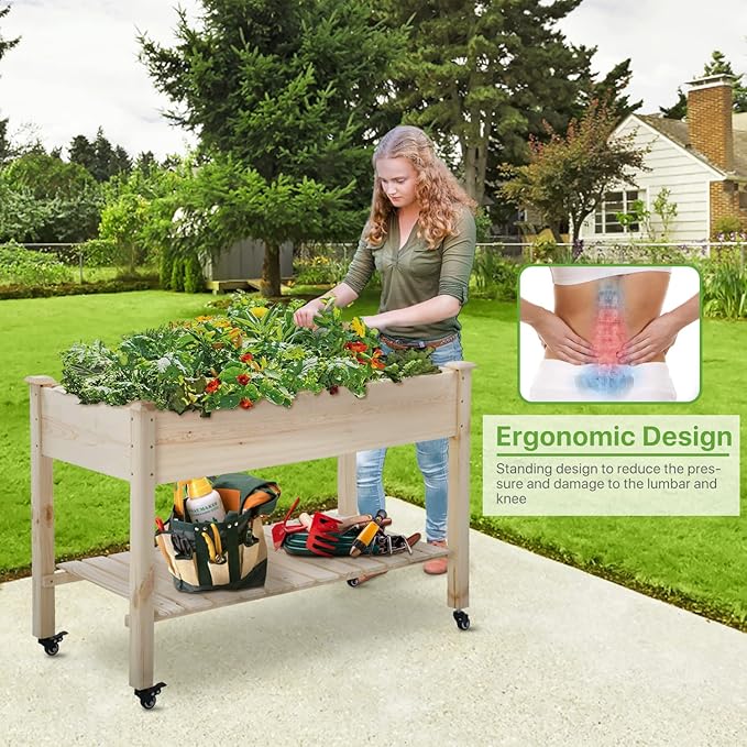 Dkelincs Raised Garden Bed Wood Elevated Outdoor Planter Box with Legs &amp Wheels Large 48x23x32 Inch Vegetable Flower Herb Garden Planter
