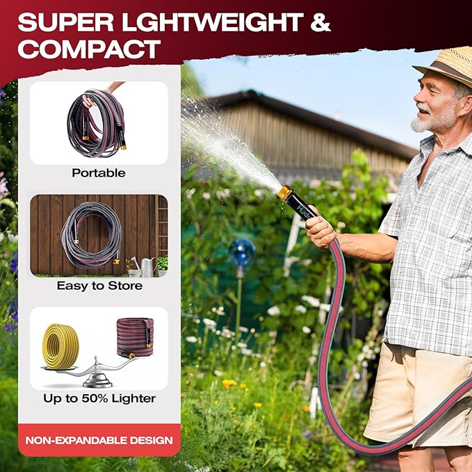 2026 Upgraded Non-Expanding Garden Hose - 100FT Lightweight Flexible High-Pressure Anti-Kink/Burst-Resistant Lead-Free Outdoor Water Hose (Gray/Red)