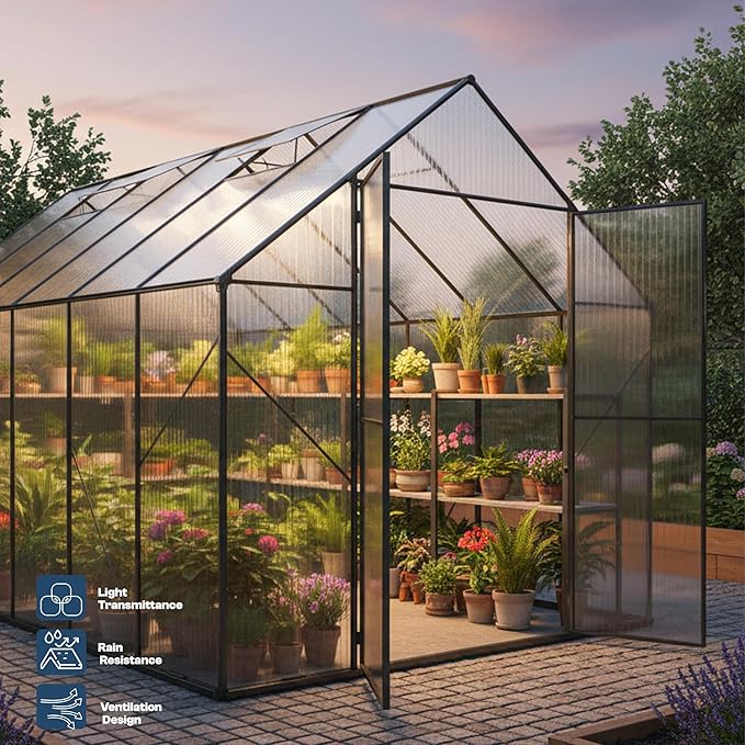 Kingdura 10x10ft Walk-in Greenhouse for Outdoors Large Polycarbonate Greenhouses with Heavy Duty Aluminum Frame Adjustable Roof Vent Lockable Door UV Protection for Outside Garden Backyard