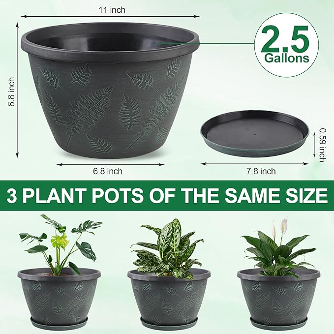 11 inch Plant Pot Set of 3 Plastic Flower Pots with Drainage Hole &amp Tray Decorative Round Planters for Indoor Plants Modern Outdoor Home Flowers Plants Garden Pots (Green)