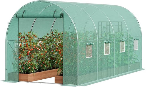 15x6.5x6.5 FT Heavy Duty Walk-in Tunnel Greenhouse Galvanized Steel Hoop House with Green PE Cover Rolling Zipper Door &amp 8 Vent Windows for Outdoor Gardening Plant Growth &amp Year-Round Use