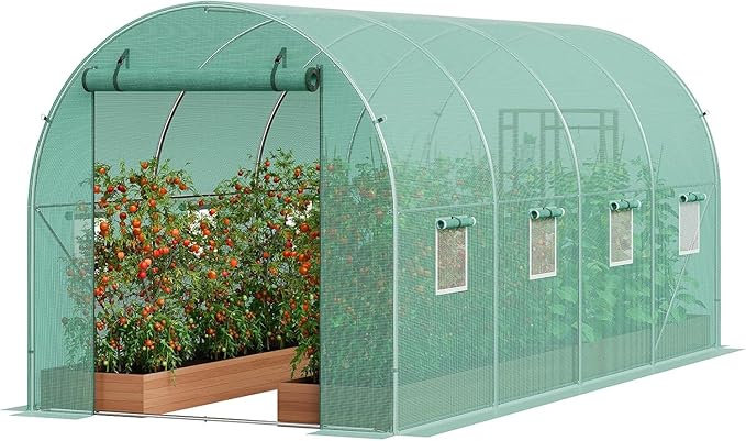 6.5 ft x 15 ft Heavy Duty Walk-in Greenhouse for Outdoor Gardening Plant Growth with Galvanized Steel Frame Green PE Cover Roll-Up Door &amp 8 Vent Windows for Year-Round Gardening
