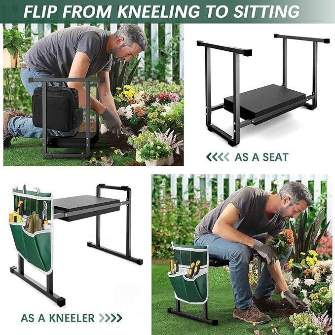 Garden Kneelers Seat Stable and Save Anti-Tipping Design 10.2 Wider Garden Kneeler and Seat with Handle Heavy Duty Gardening Stool for Seniors Gardening Weeding Bench for Gardeners Parents - Black