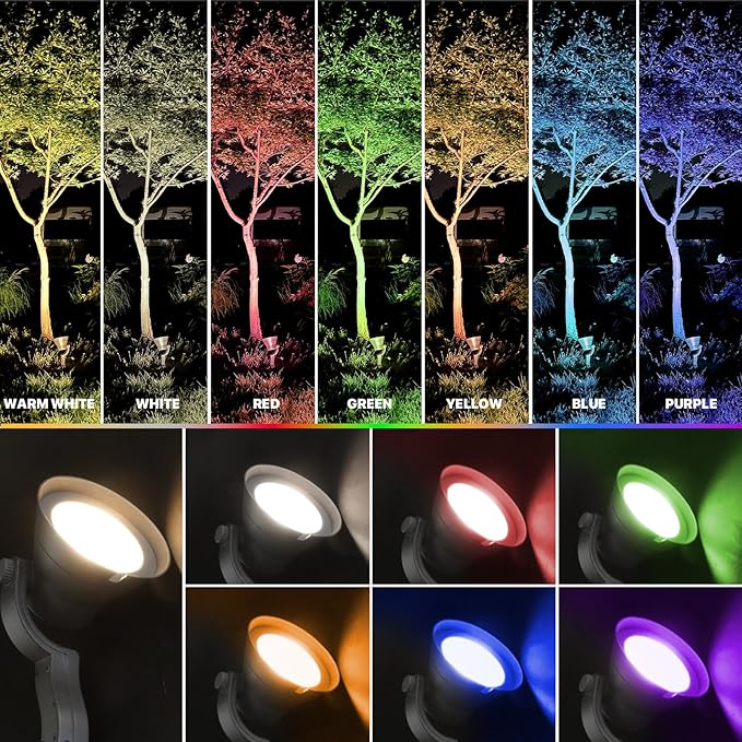 GOODSMANN RGBW Low Voltage LED Landscape Spotlight 3000K/6000K White Light 12W 12V-15V Outdoor Lights 9 Lighting Modes Color Changing Aluminum Housing Spot Lights for Garden Yard