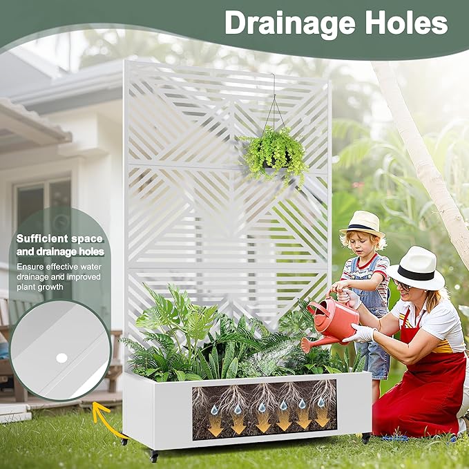 Standing Metal Planter Box with Trellis and Wheels for Climbing Plants Raised Garden Beds with Drainage Holes 47 L×16 W×71 H Privacy Boxes with Trellis (White Zodiac)