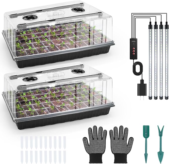 120-Cell Seed Starter Tray with Grow Light Seedling Starter Trays with 4.08 Humidity Dome Self-Watering Plant Germination TraysSeed Starter Kit for Seeds Growing (Black)