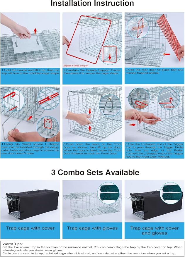 Live Animal Trap Cage with Cover Cat Trap for Stray Cats 32 Inch Heavy Duty Folding Skunk Traps with Real Door for Raccoons Opossums Groundhogs Skunks Feral Cats Squirrels-(32 x 10 x 12 inches)