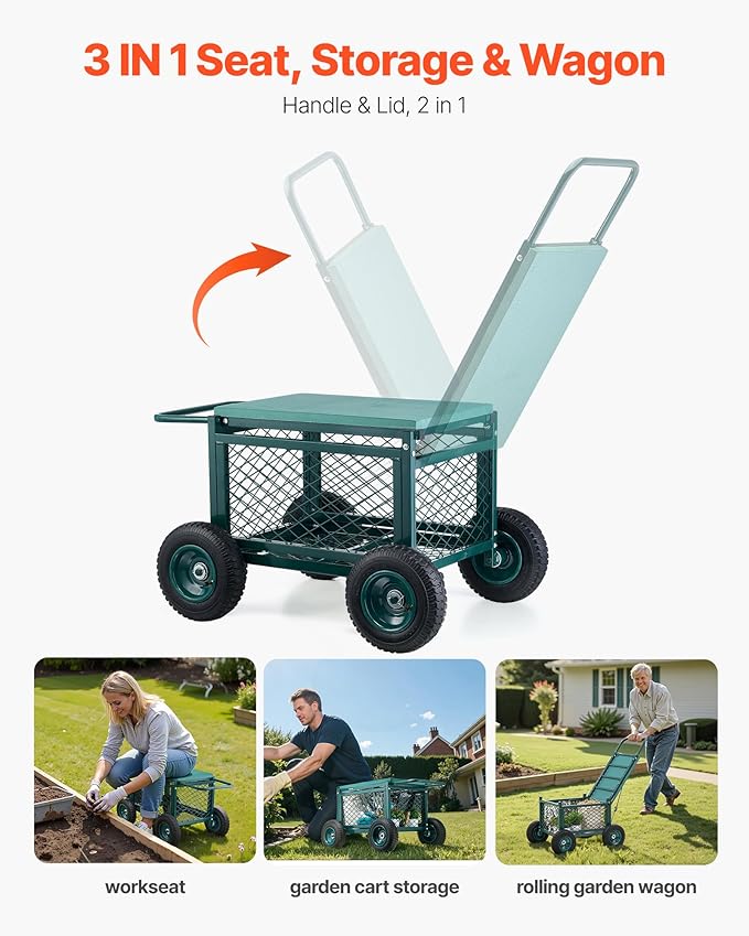 VEVOR Rolling Garden Cart with Seat Metal Rolling Garden Work Seat with Wheels Supports up to 400 LBS Heavy Duty Gardening Cart Scooter Outdoor Wagon &amp Stool on Wheels for Lawn Patio Backyar