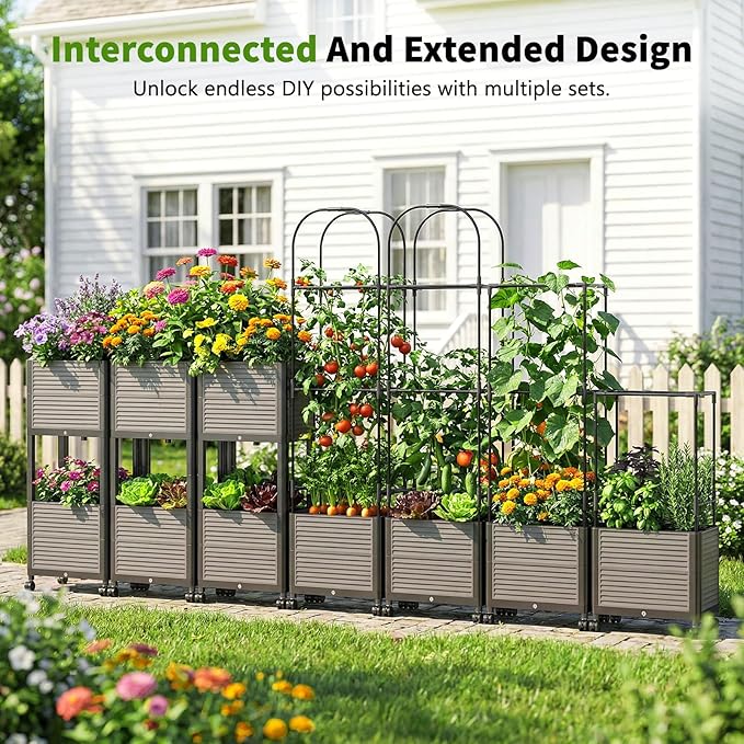 DoCred 60 H Raised Garden Bed Planter Box with Wheels 2 Pack Tomato Cage Planter Raised Garden Bed with Trellis for Climbing Vegetables Plants Tomato Cage Indoor Outdoor Use