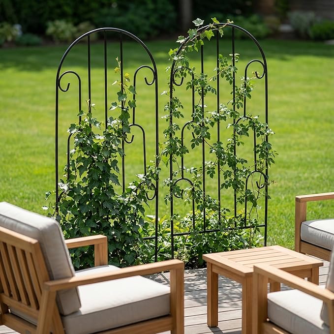 SCENDOR 2 Pack Arched Metal Garden Trellis for Climbing Plants 45 H x 15.9 W – Rustproof Iron Trellis with Decorative Scrollwork Perfect for Roses Clematis Vines and Patio Decor