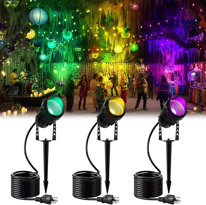 3 Pcs Mardi Gras Spotlight Outdoor Decorations Purple Green and Gold Spotlight Plug in Waterproof Spot Lights Landscape Lighting Carnival Lamp Yard Sign for Garden Outside Porch Supplies