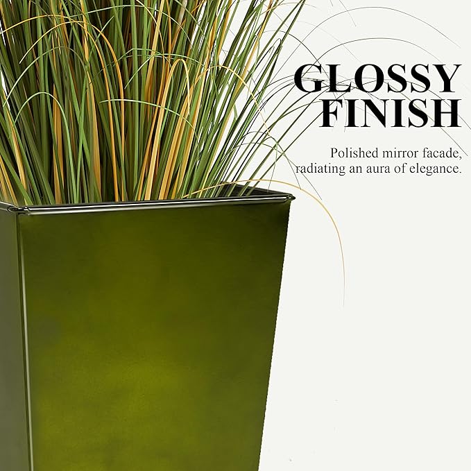 Worth Garden Large Metal Glazed Floor Planter Set of 2-14 Dia x 18 H - Luxurious Glossy Finish Green Tall Square Tapered Steel Plant Pots Decor Flower Pot Indoor &amp Outdoor Drainage Hole