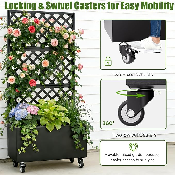 72 Planter Box with Trellis &amp Wheels Planter Boxes Outdoor with Drainage Hole for Climbing Plants Raised Planter with Privacy Screen Black