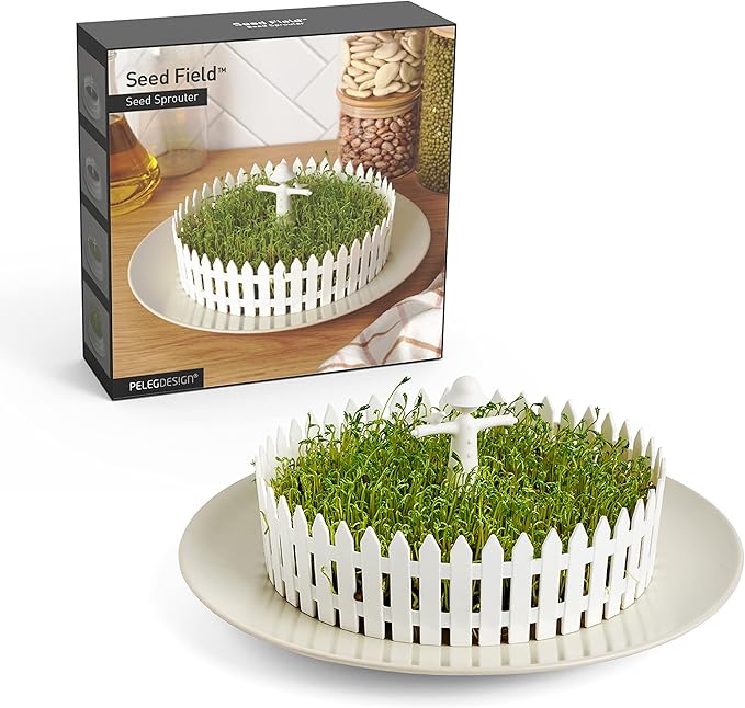 PELEG DESIGN Seed Field Seed Starter for Kitchen Use Indoor Seedling Tray w/Fence and a Scarecrow Fits Any Plate Ideal for Any Sprouting Seeds