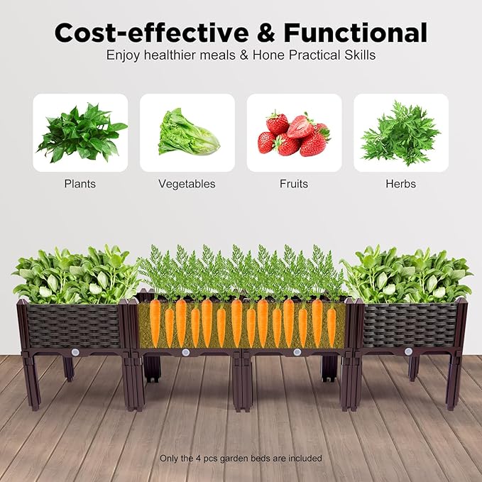 4-Raised Garden Bed Indoor Outdoor Planter Box Kit with Raised Legs 61.41 x 14.96 x 15.35in Floor Standing Garden Beds for Yards Courtyards Decks Balconies Brown