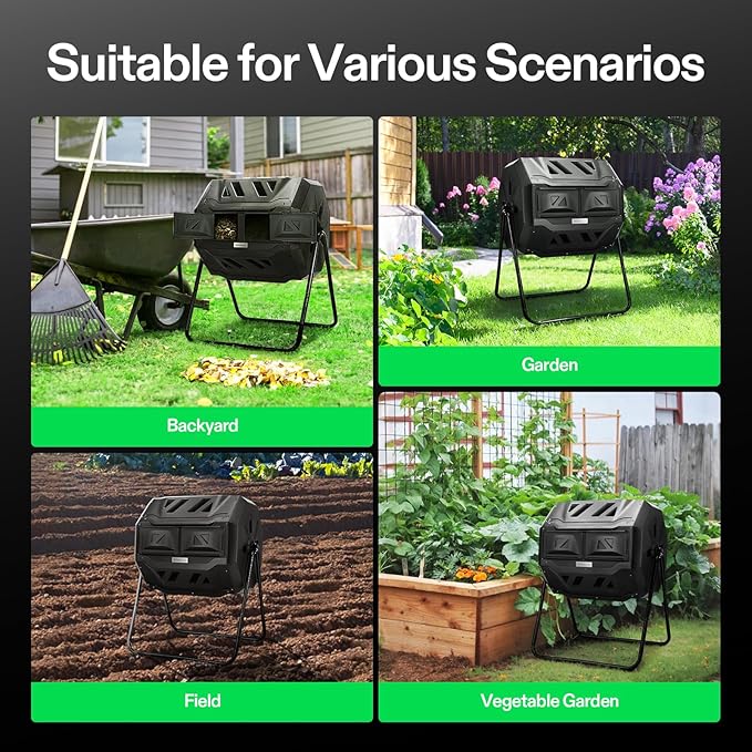 VIVOSUN Outdoor Tumbling Composter Dual Rotating Batch Compost Bin 43 Gallon Black Door
