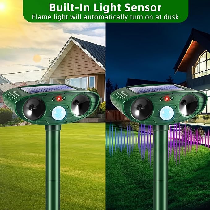 4 Pack 2026 Solar Ultrasonic Animal Repellent Outdoor Cat Squirrel Deer Repellent Devices Rabbit Deterrent for GardenAnimal Repeller with Motion Sensor for Dog Skunk Raccoon Rabbit Rodent