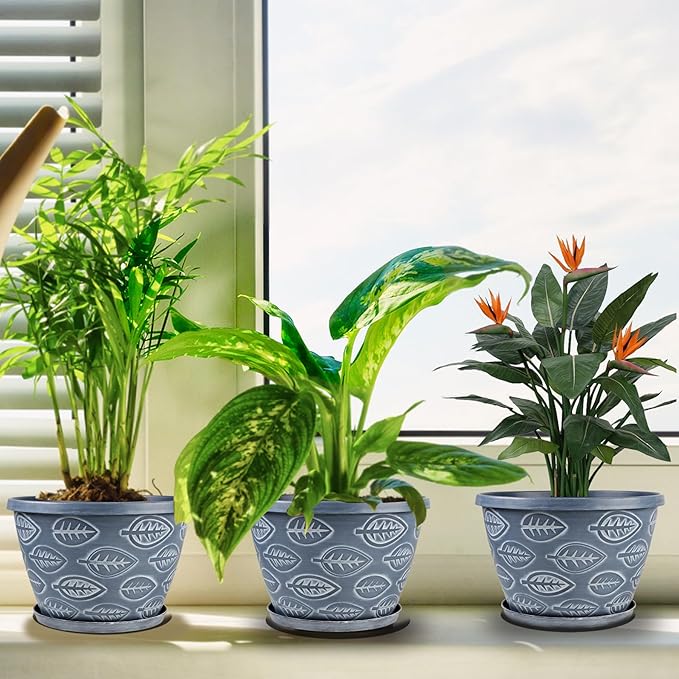 Outdoor Flower Pots for Plants Set of 3 Pack 11 Inch Planter Pot Large Plastic Plant Pots Indoor Plants with Drainage Holes &amp Trays Modern Decorative Garden Containers Sets for House(Blue)