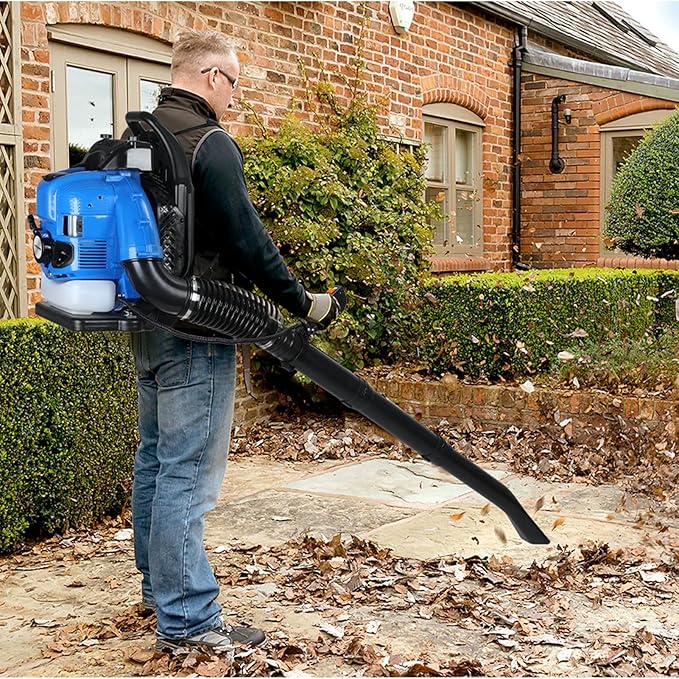 75.6CC 4-Stroke Backpack Leaf Blower Gas Powered &amp Snow Blower 750CFM 205MPH Gas Blowers with Ergonomic Design for Lawn Care Debris Clearing &amp Snow Removal (Blue) Blue