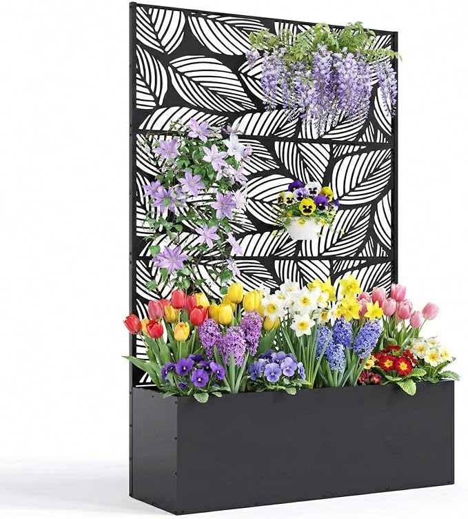Metal Planter Box with Trellis 47X16X71 Raised Garden Bed Without Wheels Galvanized Metal Privacy Screen for Climbing Plants Vegetables Vines Patio Planters with Drainage Holes 16 Deep Bed