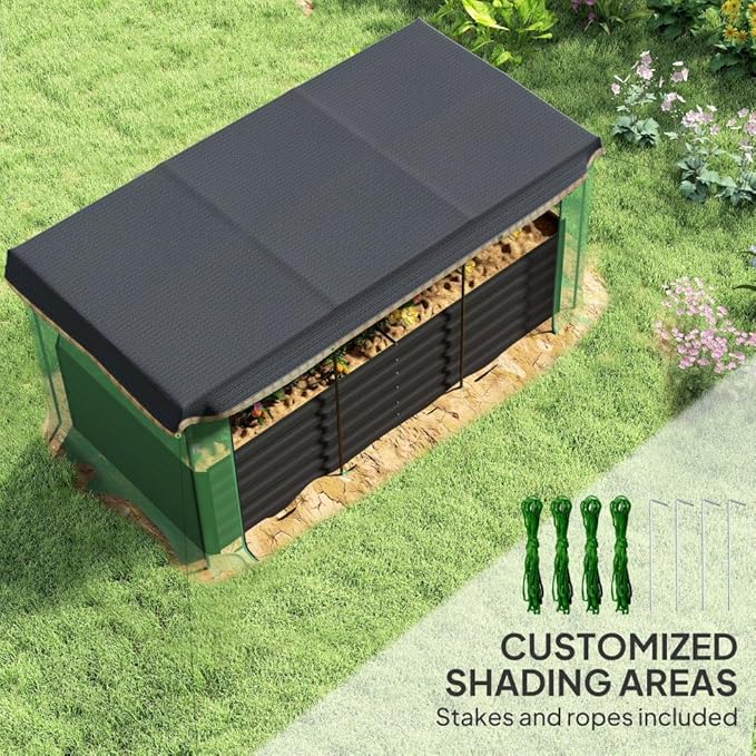 Heavy-Duty Galvanized Steel Raised Garden Bed with Integrated Crop Cage and Adjustable Shade Cloth for Outdoor Vegetable and Flower Growing (Dark Green + HDPE + Steel-1)