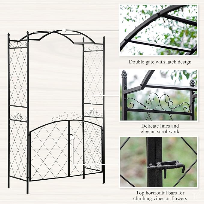 85 Garden Arch Arbor Metal Arch Trellis with Gate Garden Archway for Climbing Vines Wedding Ceremony Decoration Black