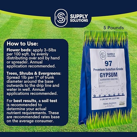 Supply Solutions Premium 97 Solution Grade Gypsum - Fast Acting Gypsum for Soil - Organic Calcium Sulfate Dihydrate - Gypsum Powder for Root Growth Lawns Mushroom Cultivation (5lbs)