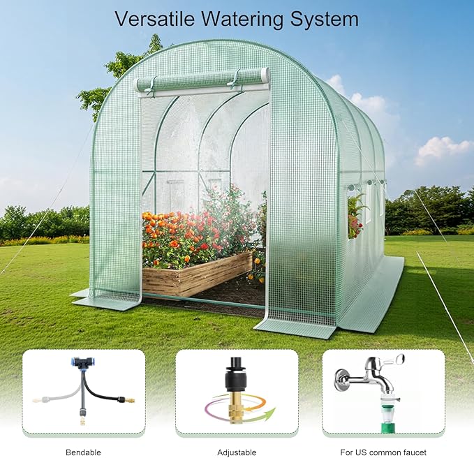 10x7x7 Walk-in Greenhouse with Watering System Heavy Duty Green House for Outdoors Portable Green Houses for Outside Winter Hot House with Metal Frame &amp Roll-up Zipper Door Screen Windows