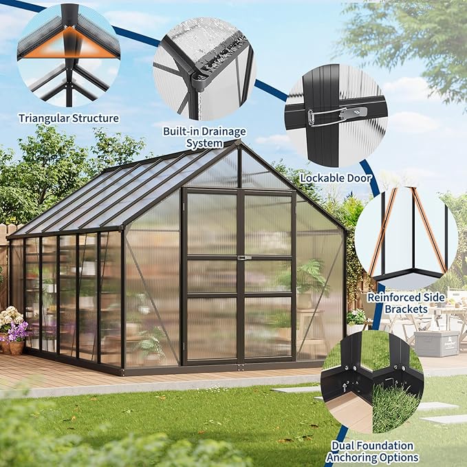 8x12 FT Polycarbonate GreenhouseLarge Walk-in SturdyOutdoor Aluminum Frame Greenhouse with Roof Vent Lockable Push Doorfor Garden Backyard Patio &amp Lawn(Black)