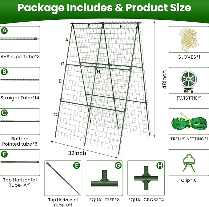 Cucumber Trellis for Raised Bed 32 L x 48 H A-Shape 2 Pack 11mm Garden Trellis for Climbing Plants Outdoor Metal Arch Trellis for Vegetables Plant Support for Tomato Pea Zucchini Grape Flowers