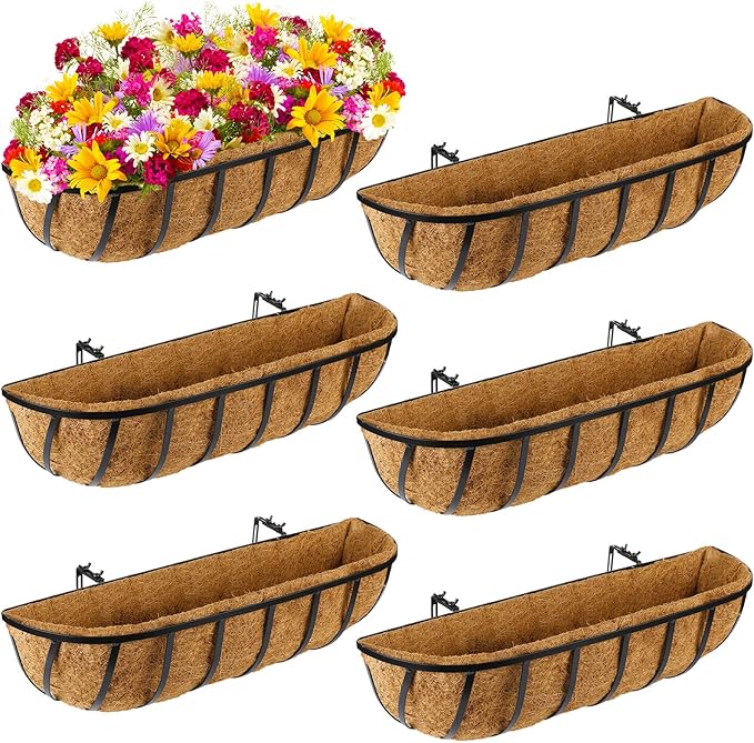 Tessco for you 6 Pieces Railing Planter Boxes 24 Inches Window Box Planters with Coco Liner and Adjustable Brackets for Deck Porch Fence Patio Balcony Gardening Outdoor Plants