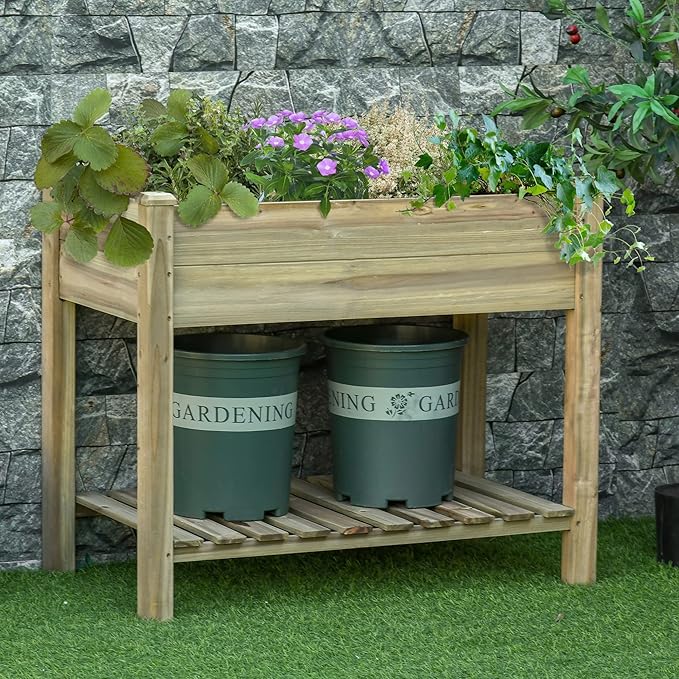 36 Raised Wood Garden Bed - 2-Tier Vegetable Garden &amp Outdoor Planter Box with Storage Shelf