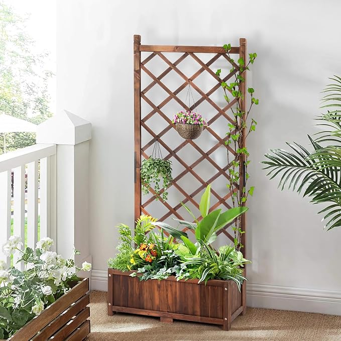 Brown Wood Planter Raised Garden Bed with Trellis 67H Outdoor Garden Flower Standing Planter Box Lattice Panels with Planter for Patio Porch Outdoor Wood Planter Box &amp Plant Stand Planter Conta