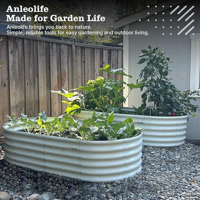 A ANLEOLIFE 8X4X1.5 ft Galvanized Raised Garden Beds Outdoor Oval Large Metal Planter Box for Planting Vegetables Flowers Herb Anti-Rust &amp Easy-Setup Antique White